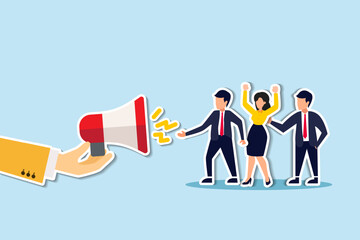 Encourage employee voice, advocacy or support opinion, contribution or help, listen to ideas or communication, staff encouragement concept, businessman hand offer megaphone for employee to speak out. 
