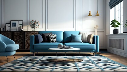 Stylish Living Room Interior Design with Blue Sofa and Wooden Coffee Table  Home Decor with Rug