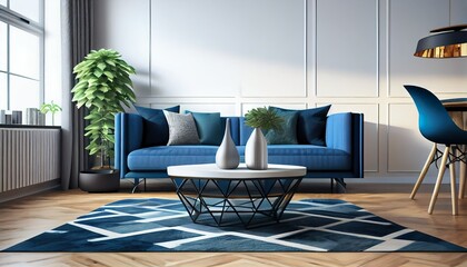 Stylish Living Room Interior Design with Blue Sofa and Wooden Coffee Table | Home Decor with Rug