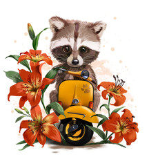 Raccoon cub rides a moped and lily flowers