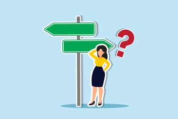 Choosing between 2 choices, make decision to the left or right, thinking in difficult situation, confusion concept, businesswoman thinking with question mark choose between 2 direction with copy space