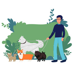 Dog sitter composition with outdoor landscape and doodle male character walking three dogs with cityscape background vector illustration