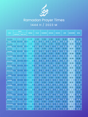 Ramadan Prayer Time Template Design 1444 H - 2023 M. Calendar Imsakiyah Schedule Ramadhan Kareem Vector Illustration