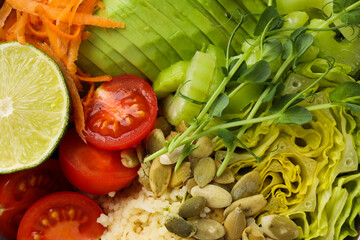 Different tasty and nutritious food for lunch, close up