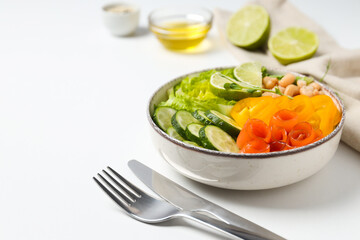 Bowl with tasty and nutritious food, space for text
