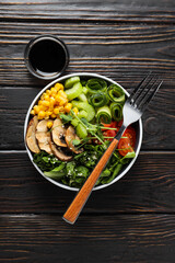 Bowl with tasty and nutritious food, top view