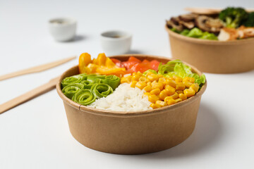 Bowls with tasty and nutritious food, delicious homemade lunch