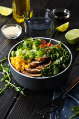 Bowl with tasty and nutritious food, delicious homemade lunch