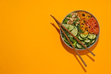Fototapeta na wymiar Bowl with tasty and nutritious food, space for text