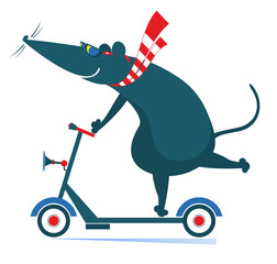 Cute rat or mouse rides on scooter. 
Cartoon rat or mouse rides on an ecologically clean urban vehicle
