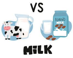 vegetable milk vs cow s milk What is more useful soy, rice, oat, coconut, almond, cashew, hazelnut. Natural, vegetable, ecological product. Lactose free. Vector illustration on black background