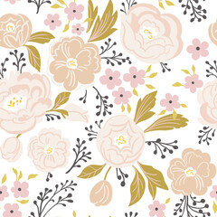 A pattern of neutral beige and pink flowers with green leaves on a white background. Seamless floral vector repeating pattern.