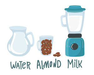 Isolated almond milk in paper package with liquid splash and nuts, natural drink branding on carton container with lid, advertising of vegan liquid for nutrition. Dairy packaging and advertising,