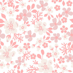 A pattern of neutral beige and pink flowers and leaves on a white background. Seamless floral vector repeating pattern.
