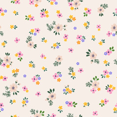 A pattern of pink, orange, purple and soft neutral beige flowers with green leaves. Seamless floral vector repeating pattern on a light beige background.