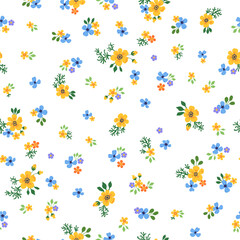 A pattern of small yellow, blue, purple and orange flowers with green leaves on a white background. Seamless floral vector repeating pattern.