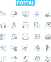Postal vector line icons set. Postal, Mail, Carrier, Delivery, Stamp, Address, Postage illustration outline concept symbols and signs