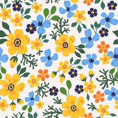 A pattern of neutral beige, blue, purple and yellow flowers with green leaves on a white background. Seamless floral vector repeating pattern.