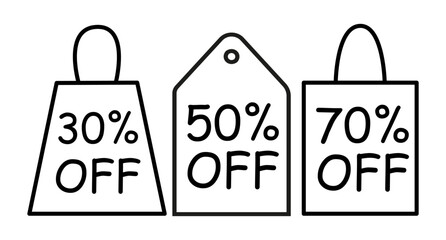 Special offer discount label with different sale percentage. Sale tag outline shape with different discount set. 30, 50, 70 off percent price clearance sticker vector illustration isolated on white