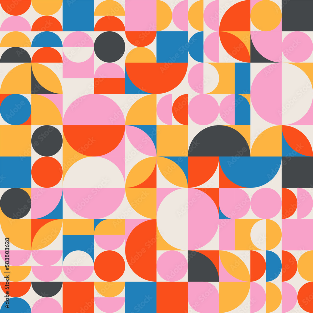 Poster vector geometric seamless pattern. bauhaus style banner with simple shapes. vivid primary colors. re