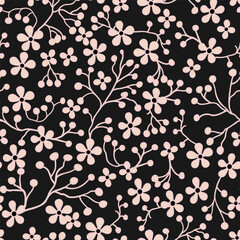 Seamless pattern of pink flowers and pink contour branches. On a black background.