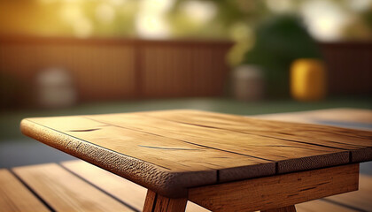 Realistic wooden board, wooden plank with unfocused nature background, Generative AI