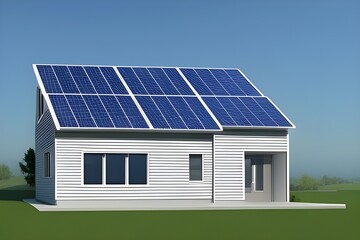 Prosta ilustracja przedstawiająca dom z panelami słonecznymi, nowoczesna technologia, ochrona środowiska, czysta energia, oszczędność. Wygenerowane przy użyciu AI. - obrazy, fototapety, plakaty