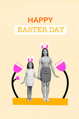 Vertical photo collage young mommy hold her cute daughter hand spend Easter holidays weekend together stand near draw flowers