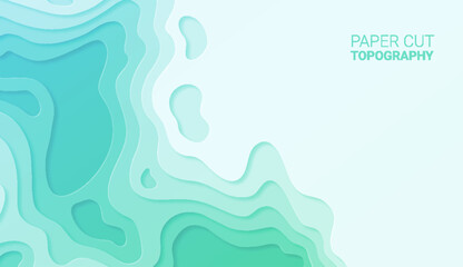 Paper cut topography relief imitation, blue and green colors multi layers banner. Abstract water flowing liquid texture art design, origami paper cut layer smooth shape vector illustration - obrazy, fototapety, plakaty