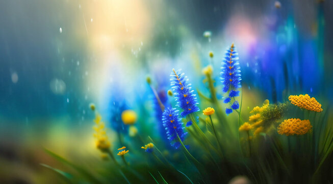 Beautiful blue wildflowers in nature outdoors with soft focus and bokeh. Floral summer spring background. AI generated.