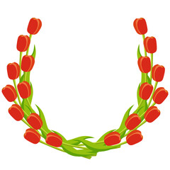 Floral frame of red tulips with copy space on white background. Spring vector illustration for card, poster, print.