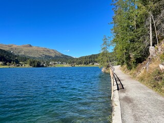 Sports and recreational trail along the alpine lake Davos or loop around mountain Lake Davosersee, Davos Dorf - Canton of Grisons, Switzerland (Kanton Graubünden, Schweiz)