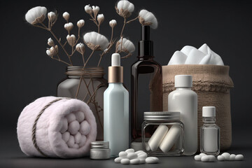 Fototapeta na wymiar cosmetic bottle with cotton twigs beauty skin care illustration Generative AI
