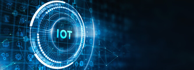 Internet of things - IOT concept. Businessman offer IOT products and solutions. The future of technology. Virtual screen of the future with the inscription: IOT.  3d illustration