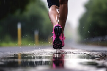 eine Joggerin läuft im Regen, nur Beine und Schuhe - obrazy, fototapety, plakaty