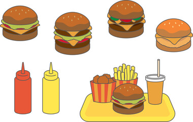 いろいろなハンバーガーとポテトとナゲットなどのセットのイラスト