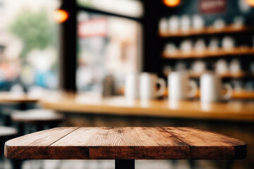Empty wood table top and blur of cafe restaurant in dark night background