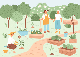 Community garden. People in public farm enjoying time and communicate. Young and adult men and women farming. Spring and summer ecology activity. Beds with green bushes, trees. Vector illustration.