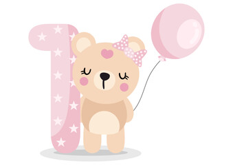 Cute teddy bear girl with balloon to celebrate happy 1st year or 1st month