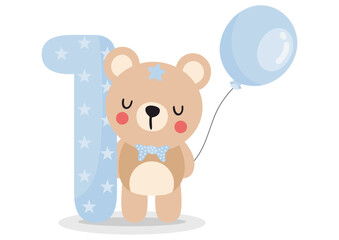 Cute teddy bear boy with balloon to celebrate happy 1st year or 1st month