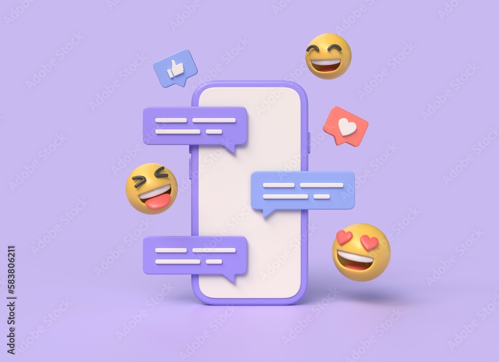 Aufkleber 3d mobile phone and speech bubbles on screen, notification thumbs up and heart. the concept of commu