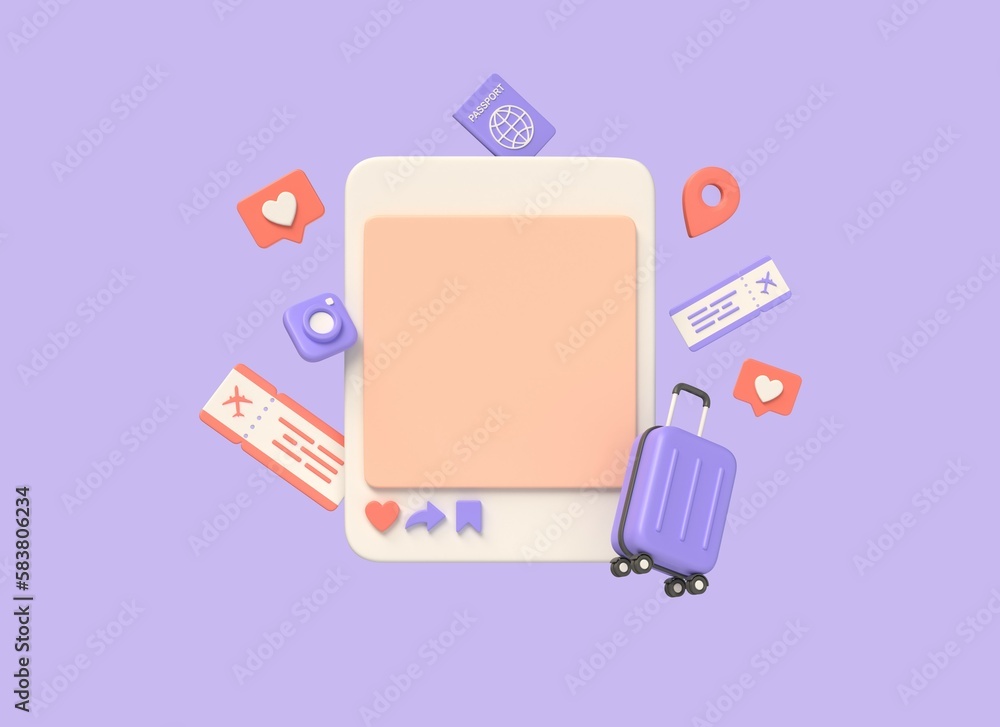 Wall mural 3d photo frame with copy space, suitcase, plane tickets, heart sign, passport. frame for posts in social networks about travel and tourism. summer holiday planning. 3d rendering