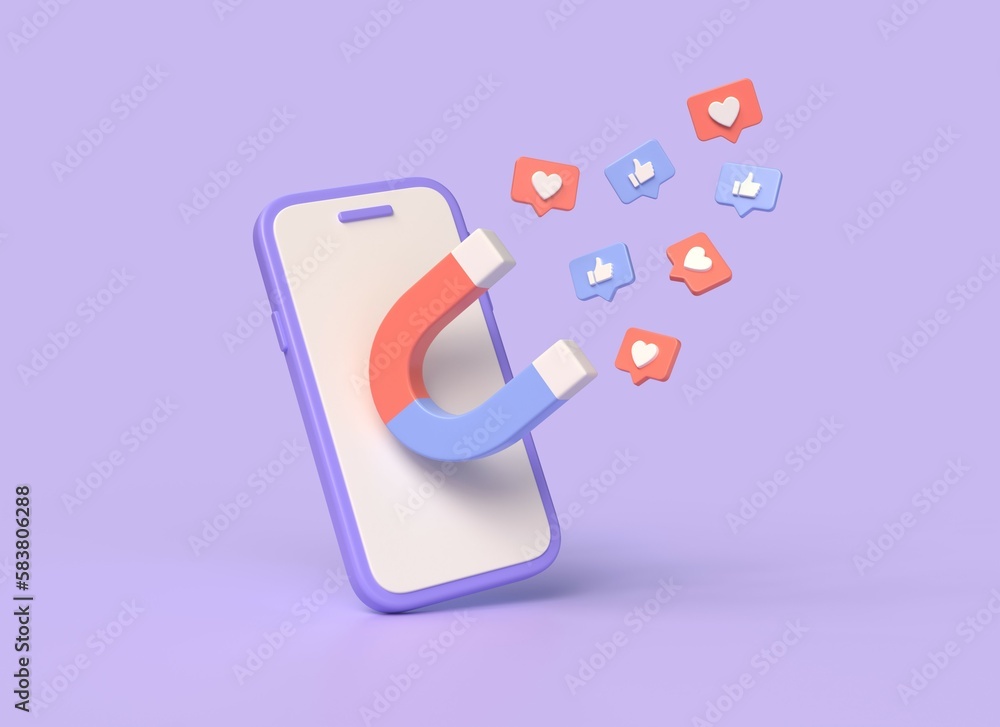 Poster 3d mobile phone, magnet, heart and thumbs up on speech bubble. the concept of creating content in so