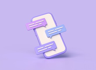 3d chat icon or speech bubble in the form of a message on a mobile phone screen. the concept of communication in social networks. illustration isolated on purple background. 3d rendering