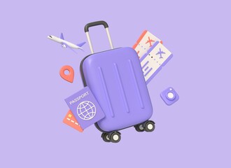 3d suitcase, plane tickets, credit card and passport. travel and tourism concept. summer holiday planning. illustration isolated on purple background. 3d rendering