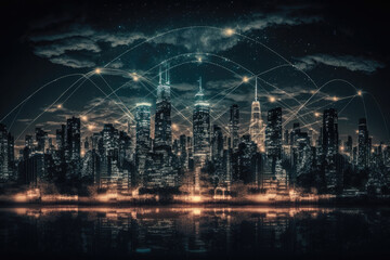 Fototapeta premium Smart city with wireless network connection and cityscape.big data connection technology concept.Wireless network and Connection technology concept with city