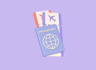 3d passport with plane tickets. travel or tourism concept. planning holidays and booking tickets. illustration isolated on purple background.3d rendering