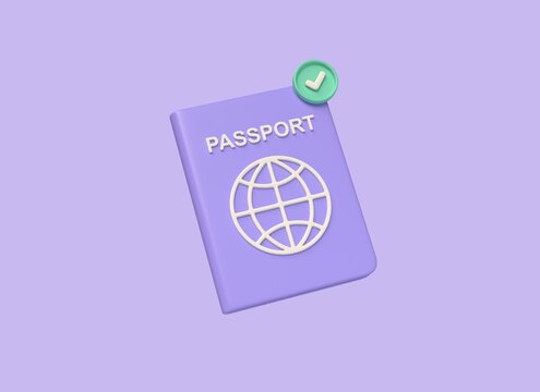 3D passport, identity card icon for tourism and travel. Travel passport cover. illustration isolated on purple background. 3d rendering