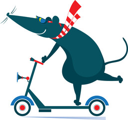 Cute rat or mouse rides on scooter. 
Cartoon rat or mouse rides on an ecologically clean urban vehicle
