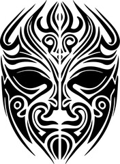 Vector black and white tattoo of a Polynesian god mask sketch.